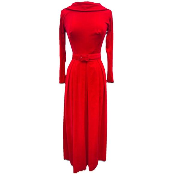 Vtg Minx Modes 50s 60s Red Maxi Dress Velvet Belted Retro Glam Party Prom M ? - Picture 1 of 12